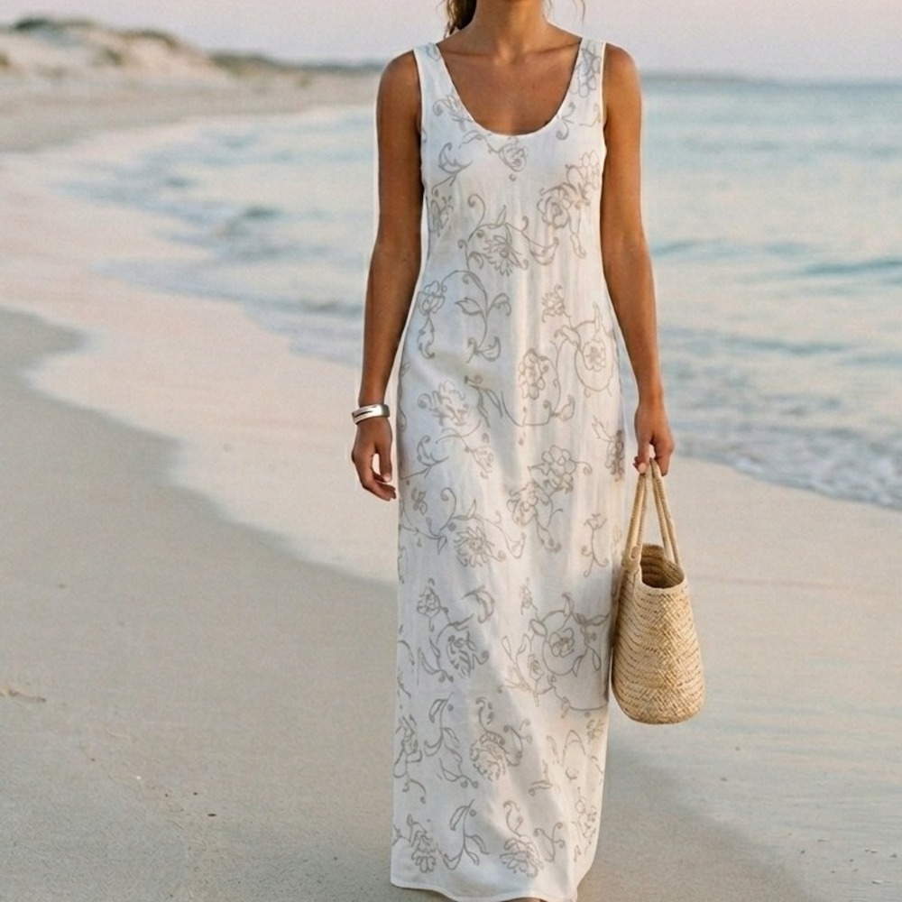 Banana Republic Dress Size 10 White Floral Cotton Maxi Sleeveless Vintage 90s